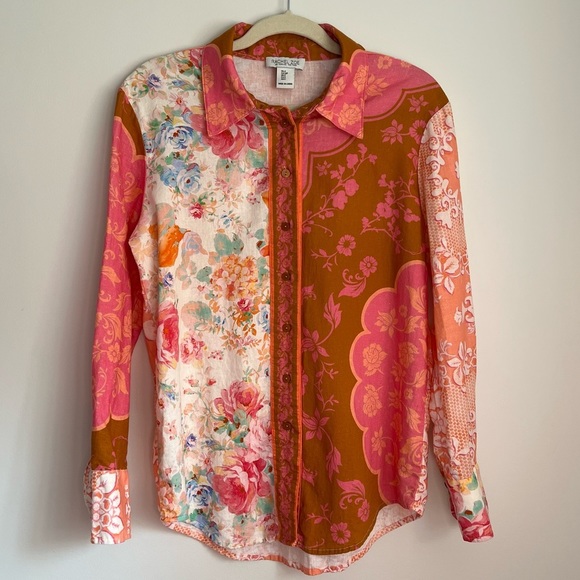 Rachel Zoe Tops - Rachel Zoe Womens Floral Multi Pattern Pink and Orange Unique Boho Linen Blouse